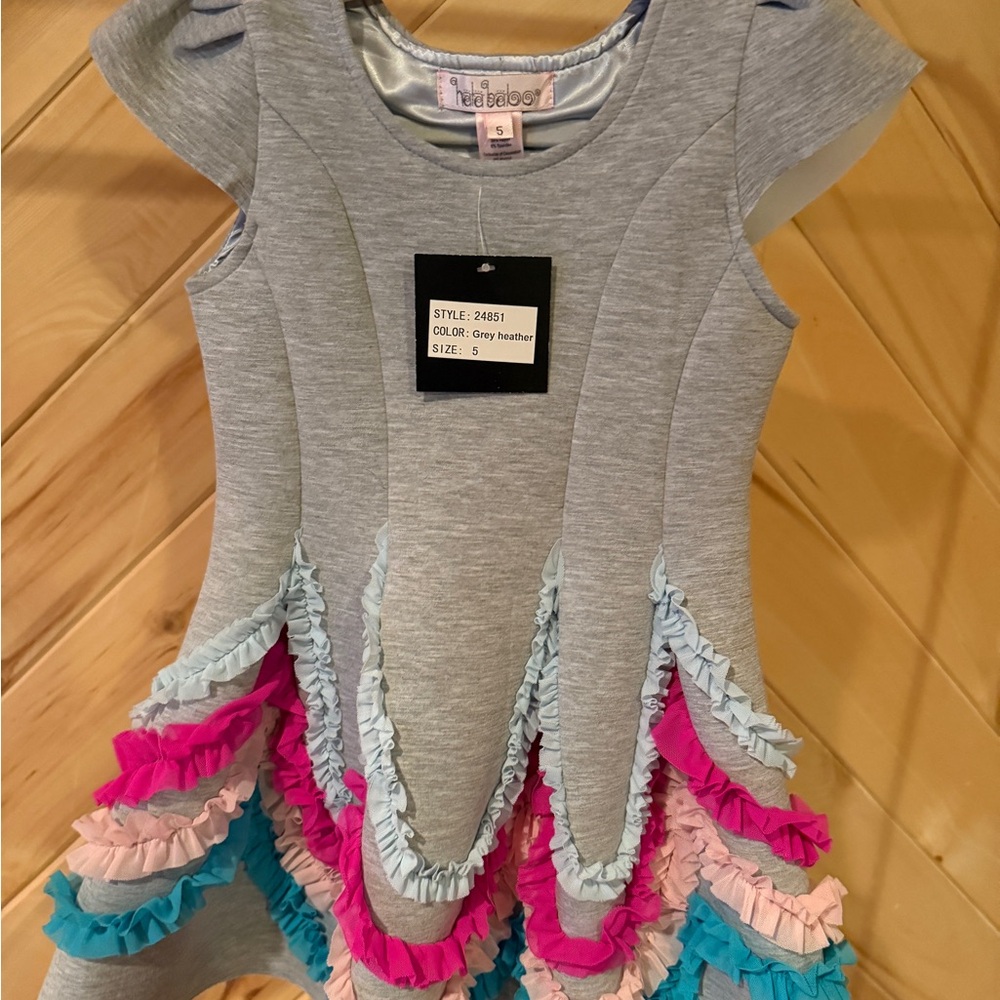 NWT Halabaloo Grey Heather Dress with Pink, Teal, and Light Pink Ruffles